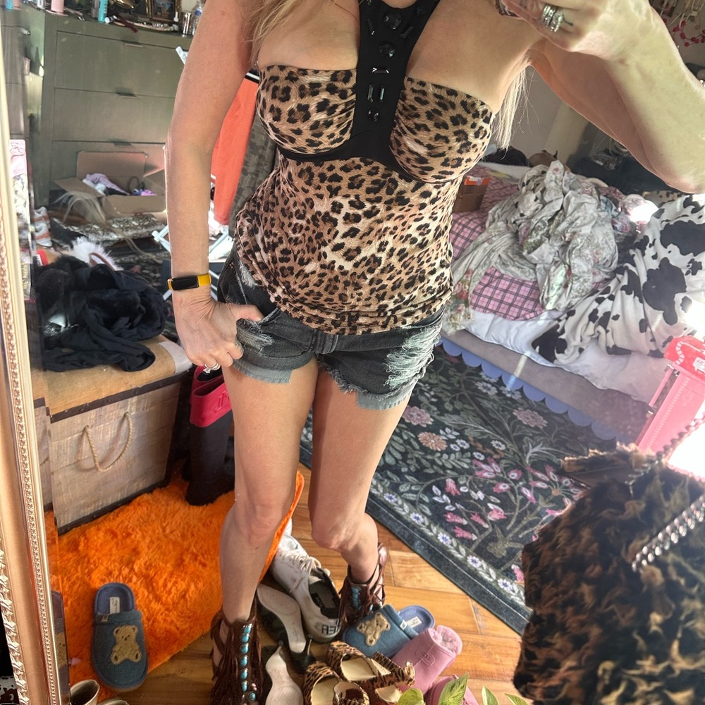 Guess Animal Print Strapless halter jewels Top s Y2K